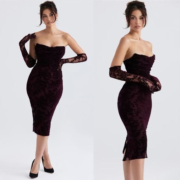 House of CB Isadora Black Cherry Devore Corset Dress - Picture 6 of 11